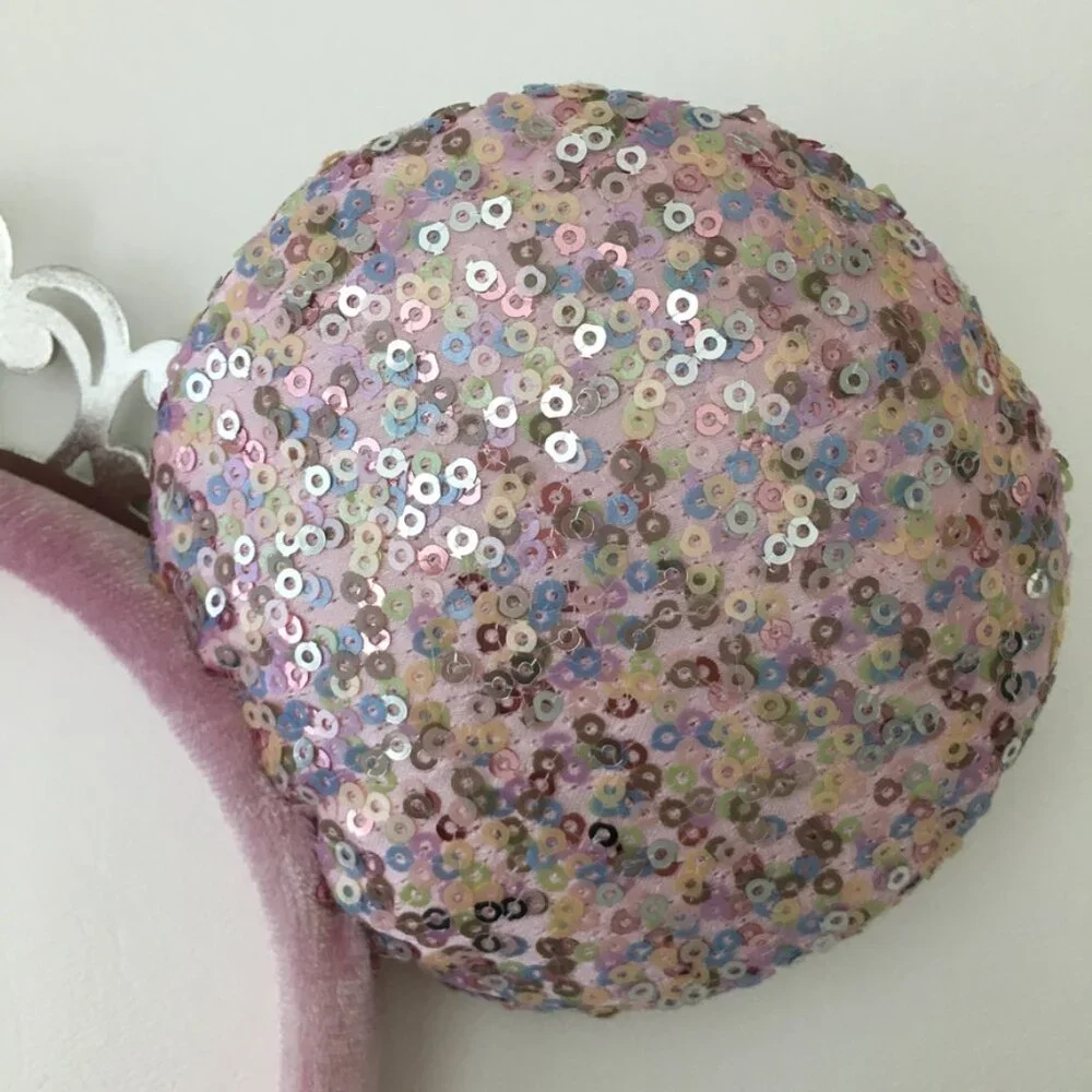 Disney Minnie Mouse HeadBand Pink Velvet-Sequin BONUS-Magic Wand & Clip Earrings